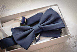 A soft blue Oasis men's bow-tie rests in its packaging.