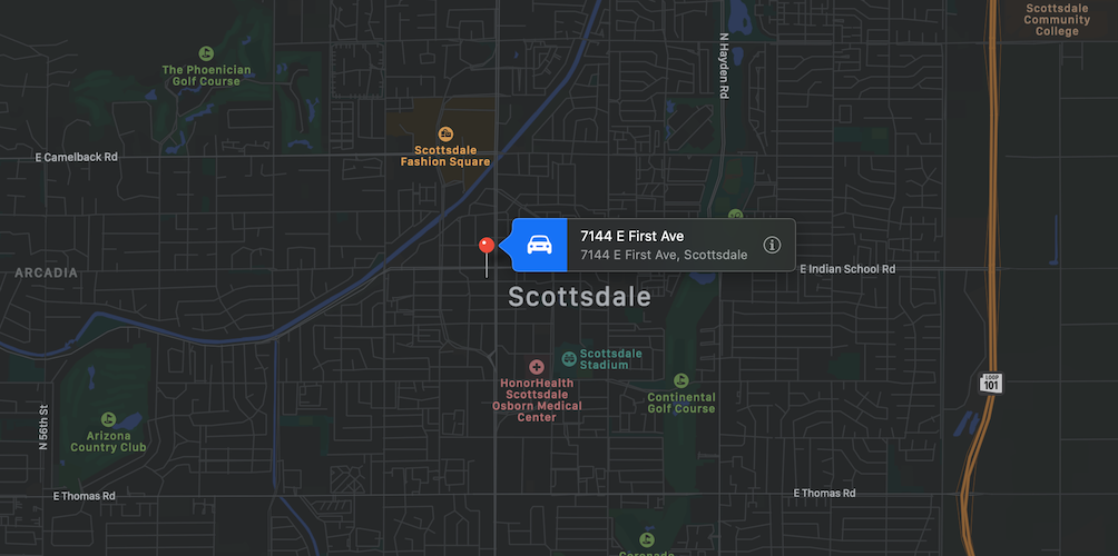 A map of Scottsdale showing the location of Oasis Clothing store with a red pin.